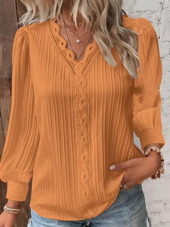 Élégant été dentelle creuse Patchwork femmes chemise Chic Blouse col en V à manches longues