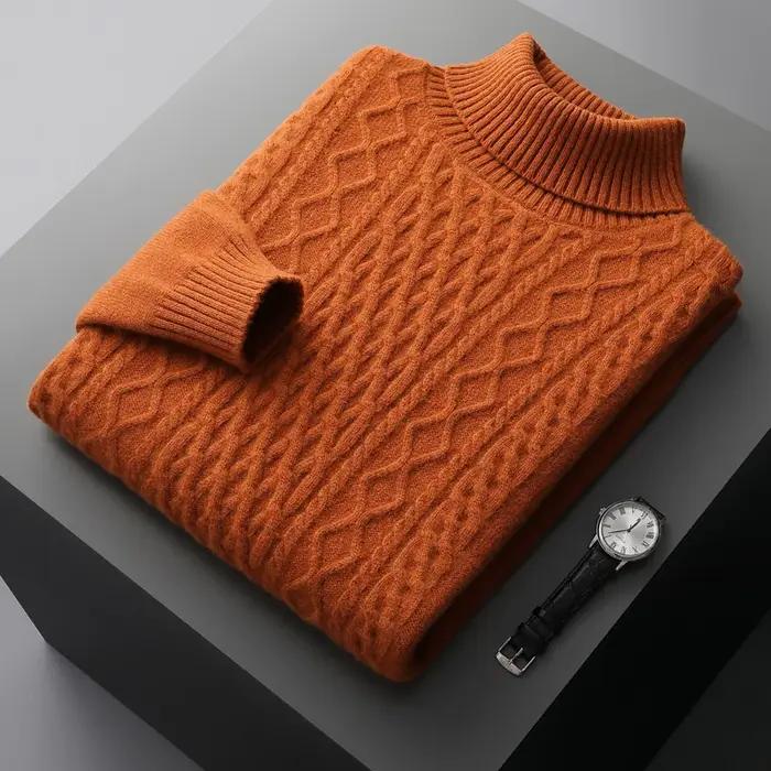 Nouveau automne et hiver 100% laine mérinos hommes col haut double brin épais jacquard pull