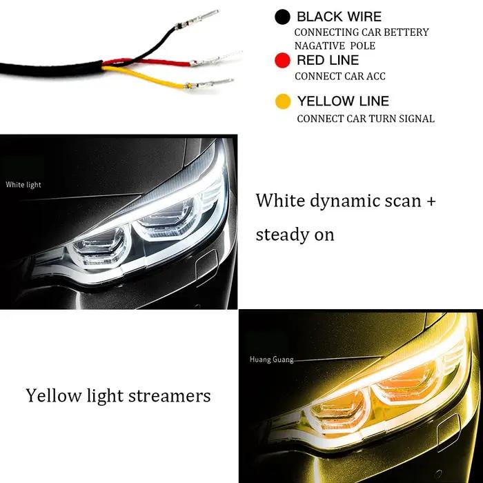Bande LED dynamique DRL, 2 pièces, clignotant jaune brillant, Flexible, feu de jour pour phare de vo