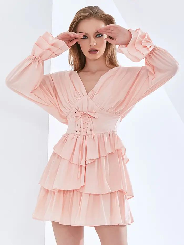 TWOTWINSTYLE – Mini robe à volants et imprimé Floral pour femmes, col en V, manches longues, couleur
