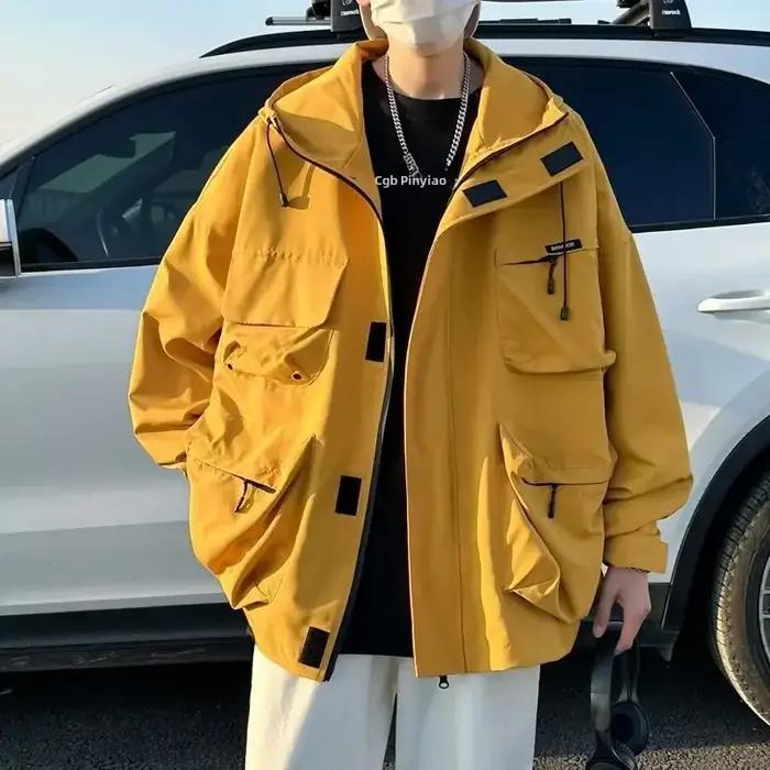 Veste imperméable de style japonais pour hommes, vêtements de travail à capuche avec poches 3d, coup