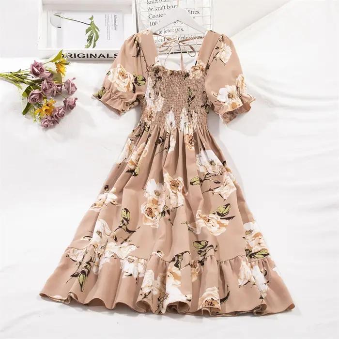 Printemps été robes en mousseline de soie mode femme taille élastique à manches courtes plissée tenue décontractée