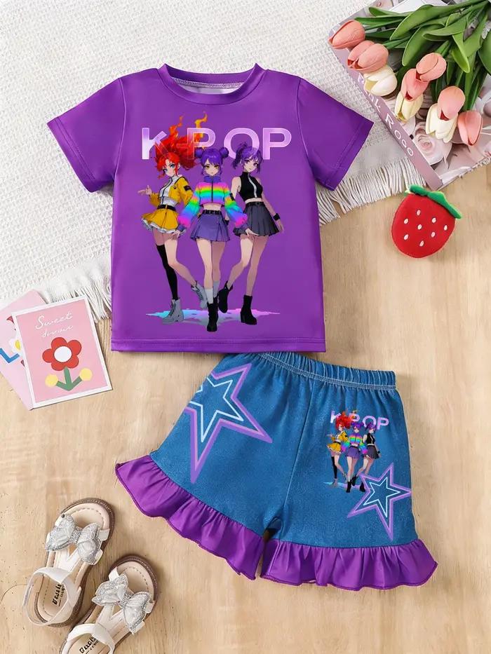 Ensemble 2 Pièces Tendance Pour Filles T-Shirt à Manches Courtes Et Short À Volants Motif K-Pop Anime Style Streetwear Occasions Spéciales