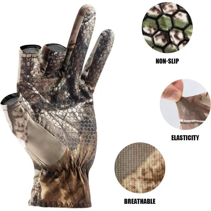 Gants de pêche camouflage mi-mains 3 doigts anti-dérapants fins pour chasse et vélo - Coupe élastique