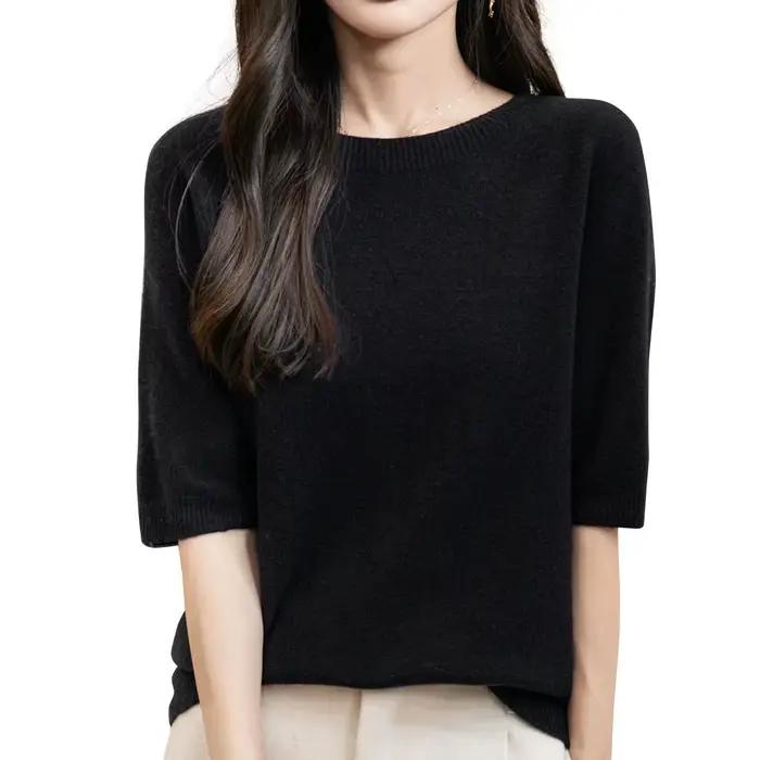 Hauts pour femmes, vêtements 100% laine mérinos, printemps automne hiver, première ligne, prêt à porter, tricoté sans couture, col rond, pull à manches courtes