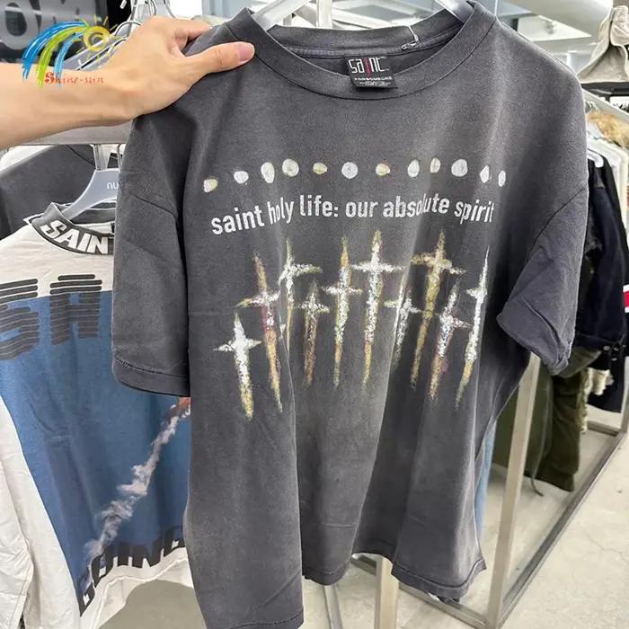 T-shirt imprimé croix pour homme et femme en coton haute qualité, décontracté, saison printemps été, design vintage délavé noir pour occasions spéciales