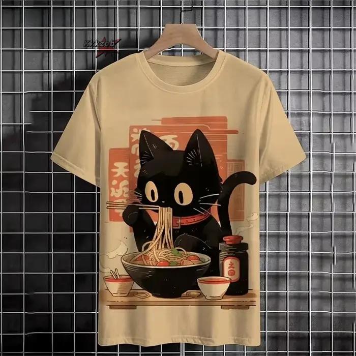 Japonais Ukiyo-E motif de chat mignon col rond hommes à manches courtes quotidien surdimensionné T-Shirt Harajuku Y2k T
