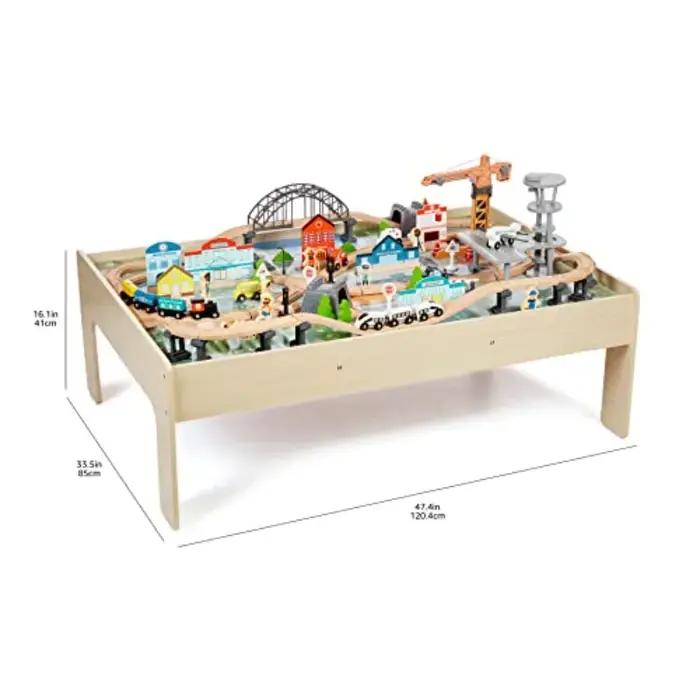 Amazon Basics Ensemble de train en bois de 120 pièces avec table d'activité Pistes robustes Poubelle