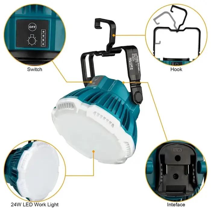 Lampe de travail LED Portable 24W 2400LM avec crochet pour batterie au Lithium Makita/Bosch/Dewalt/M