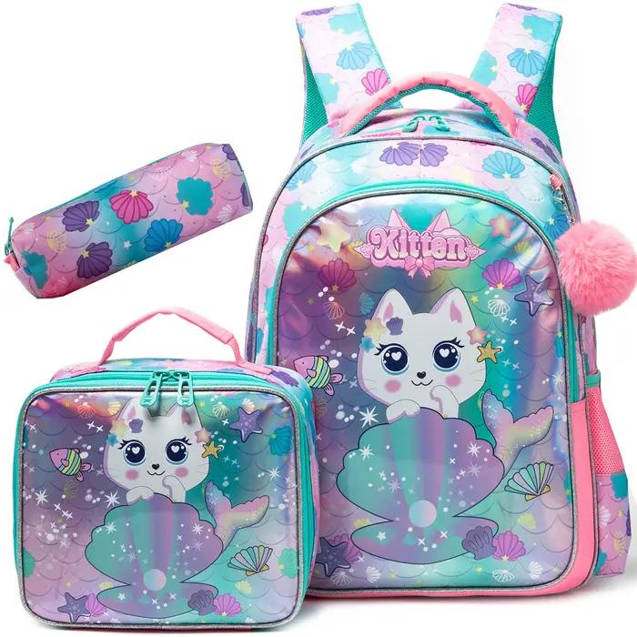 Sac à dos pour fille avec sac à déjeuner et trousse à crayons 3 pièces sacs d'école pour filles pour élèves du primaire