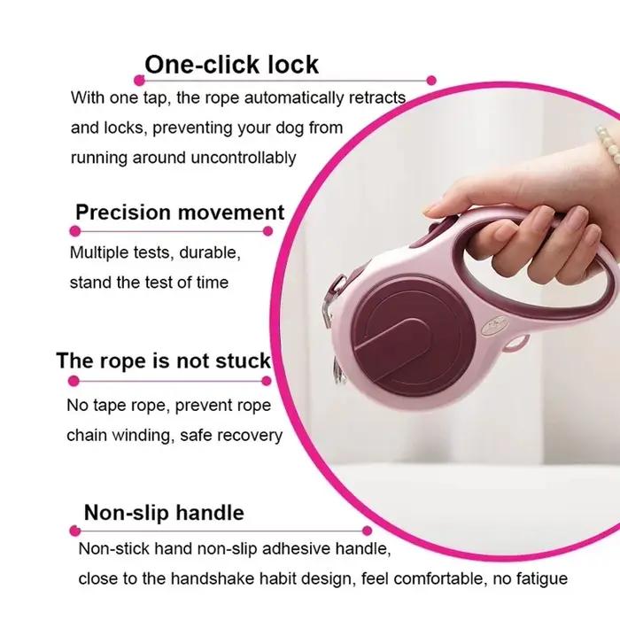 Laisse rétractable automatique en nylon robuste pour chien avec corde extensible pour courses et promenades en extérieur couleurs rose violet noir