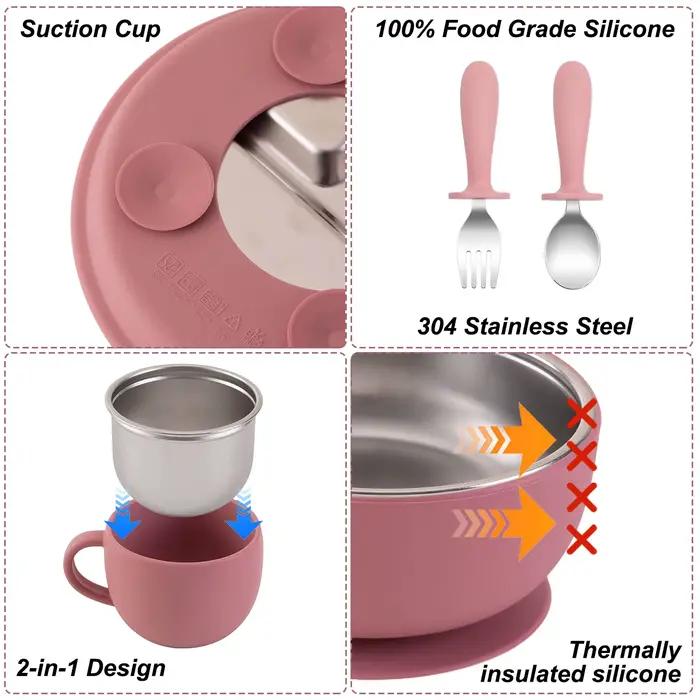 Couleur enfants 5 pièces ensemble d'alimentation pour bébé en acier inoxydable vaisselle en Silicone