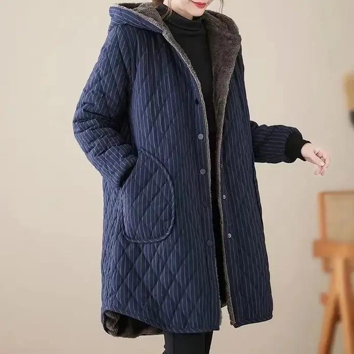 2025 automne hiver nouvelle veste en coton rayé femmes chaud en peluche épaissir manteau à capuche mode ample femme déco