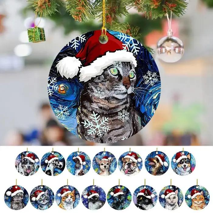 2D noël chat chien avec chapeau pendentif décoratif dessin animé chat arbre de noël suspendus ornements suspendus acrylique noël chiens chat porte-clés