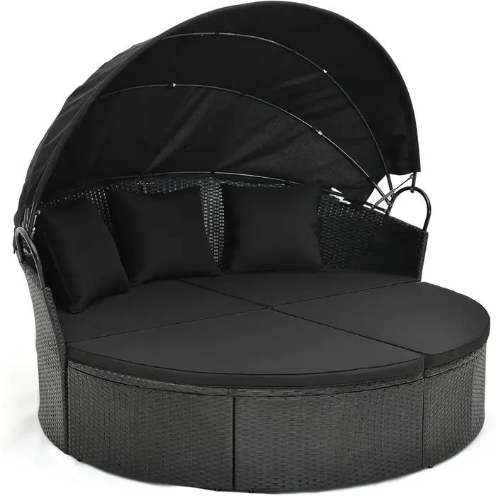 Lit de repos rond pour patio extérieur avec auvent rétractable, sièges sectionnels pour meubles en o
