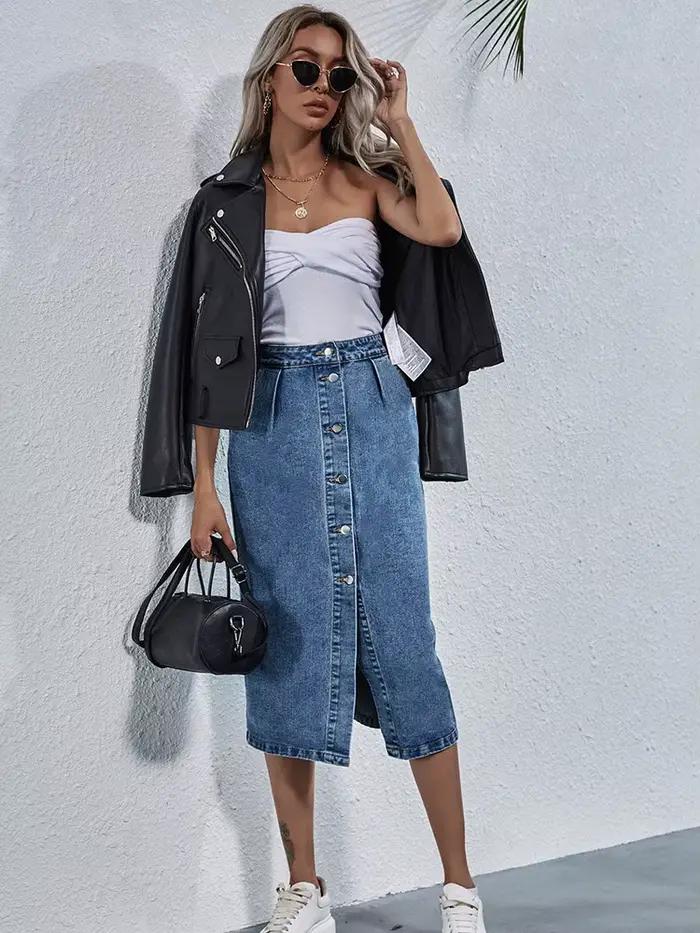 Benuynffy-Jupe en jean droite à boutonnage simple pour femme, longueur au genou, streetwear décontra