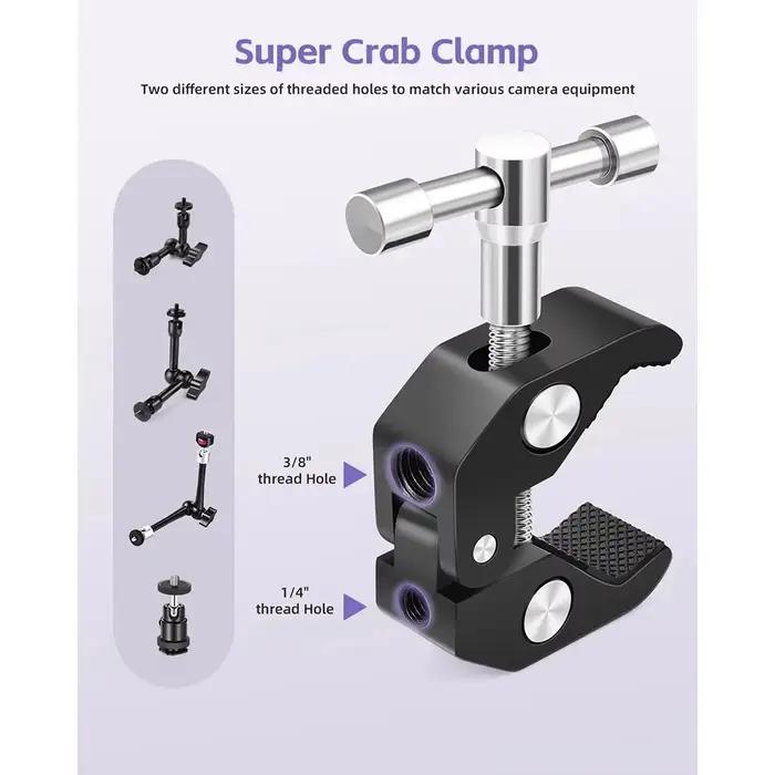 Bras magique réglable avec super pince, bras articulé de 9 pouces, pince à friction, kit de vis à crabe pour caméra, moniteur, lumière