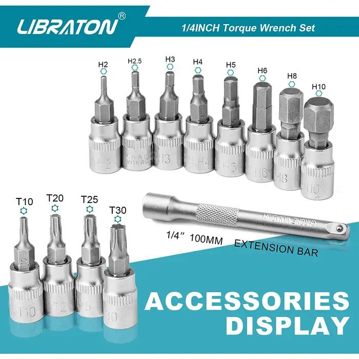 Libraton Clé dynamométrique pour vélo 1/4'', 5-25Nm, 0,1Nm Micro, jeu de clés dynamométriques à clic