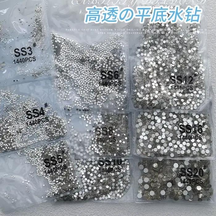 Sachet de 1440 pièces AB/clair rond mini diamant SS3-SS16(1.3-4mm) FlatBack Nail Non-Hotfix cristal