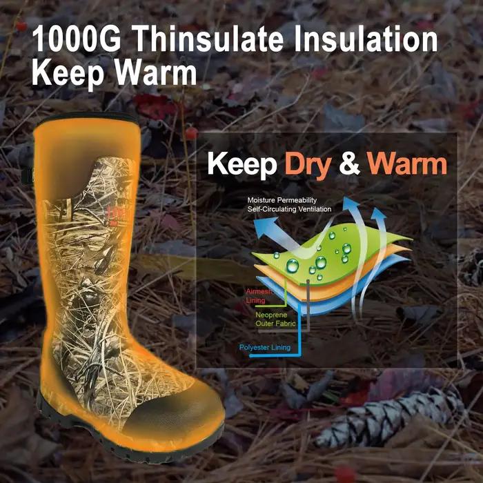 Bottes de chasse imperméables isolées à 8 ventilateurs pour hommes – Thinsulate 1000G, néoprène 5 mm, botte camouflage en caoutchouc, arbre de 17 pouces, antidérapant