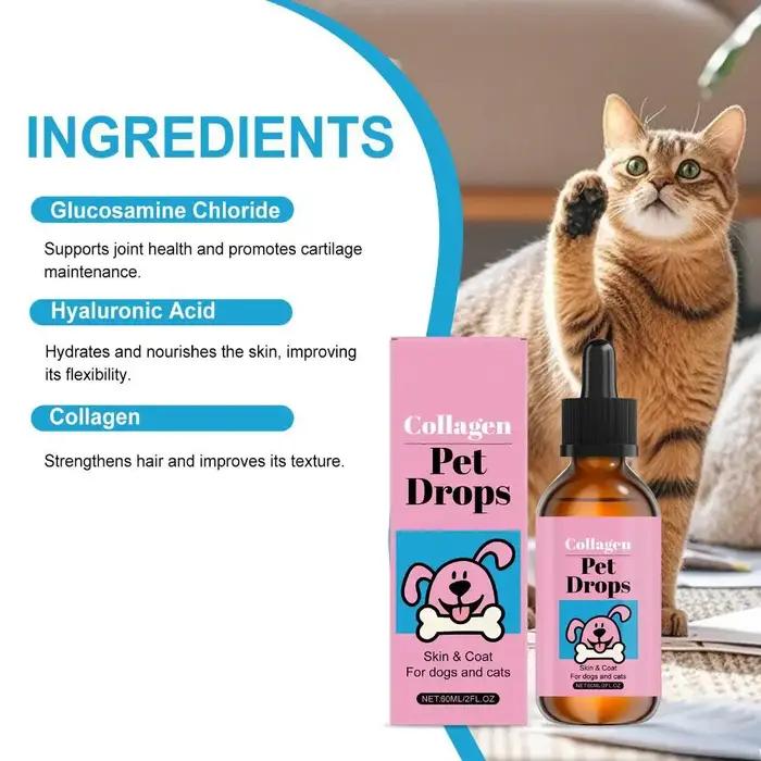 Gouttes de collagène pour animaux de compagnie 60 ml, complément pour la peau et le pelage des chiens et des chats, hydratant liquide, complément nutritionnel quotidien, fournitures pour chiens