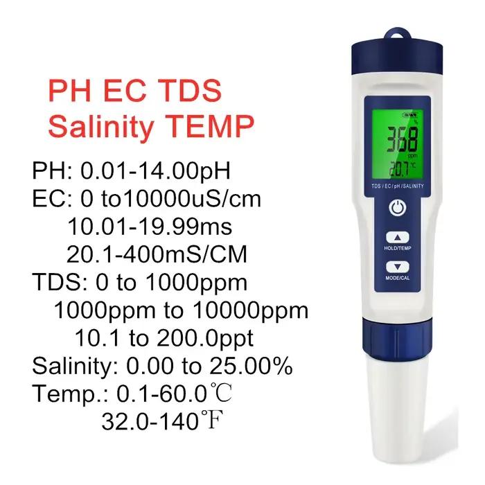 Compteur numérique PH TDS EC 5 en 1, testeur de température de salinité, conductivité, filtre à eau,