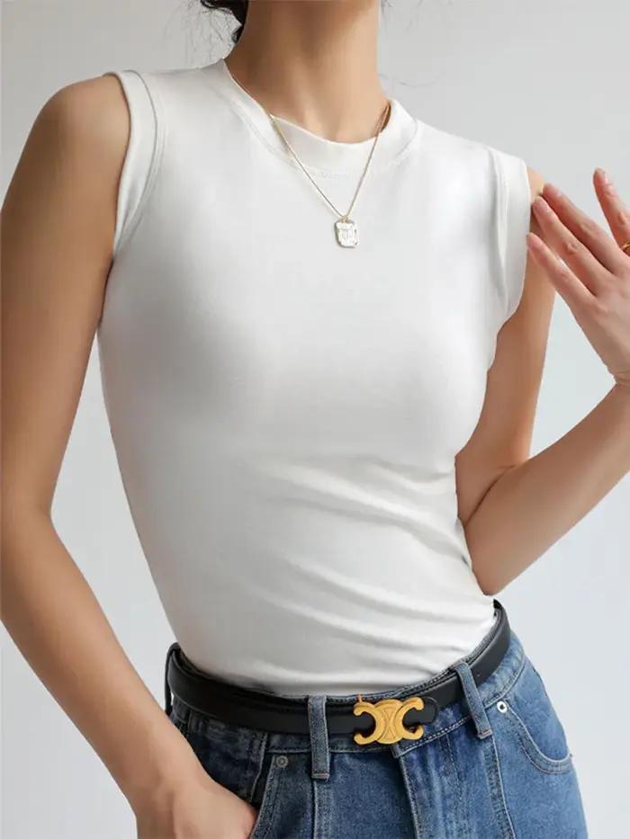 Camisole gilet pour femmes col rond coloré basique sans manches maillot de corps hauts t-shirts avec couverture