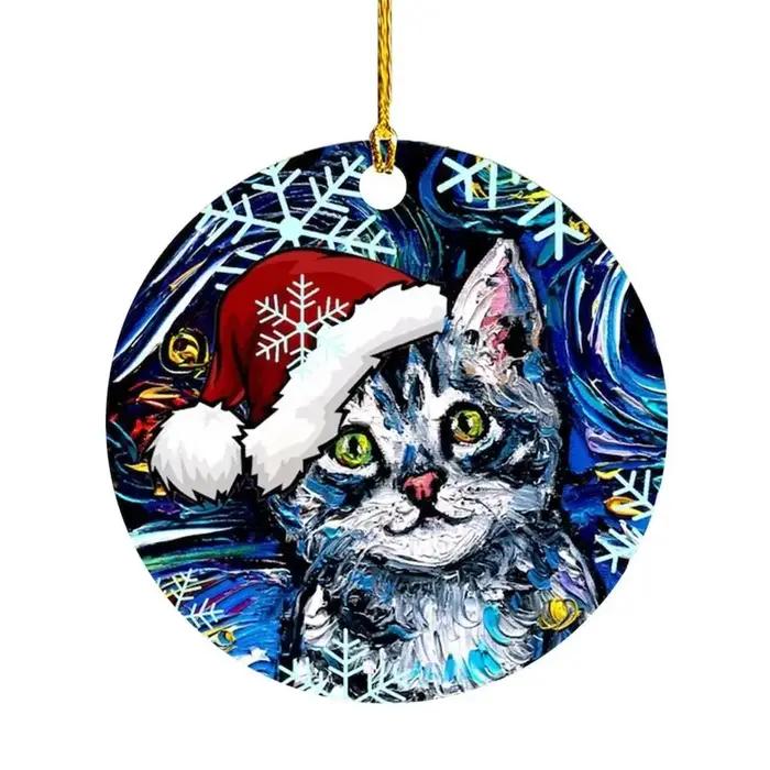 2D noël chat chien avec chapeau pendentif décoratif dessin animé chat arbre de noël suspendus ornements suspendus acrylique noël chiens chat porte-clés