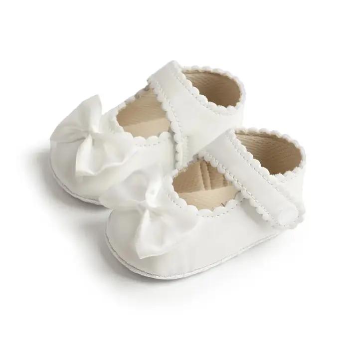Meckior classique en cuir PU fille bébé chaussures nœud princesse plat antidérapant coton bas marche nouveau-né berceau