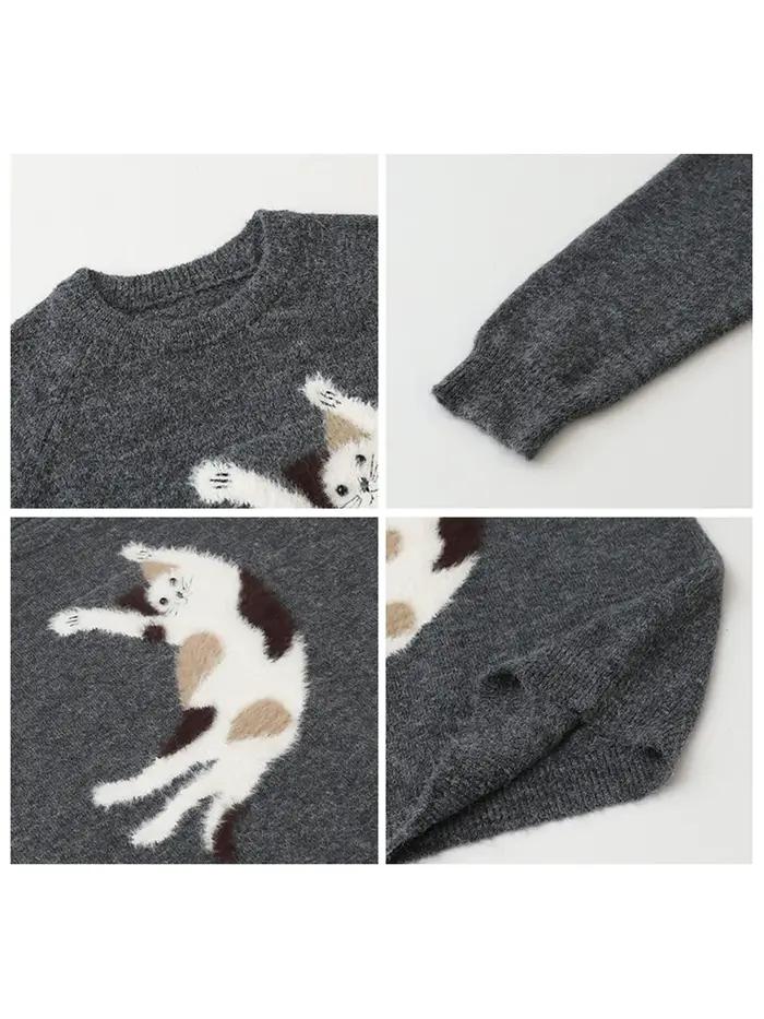 CHIC VEN femmes chandails ample décontracté O cou tricoté dessin animé chat chaud tricot pull femme