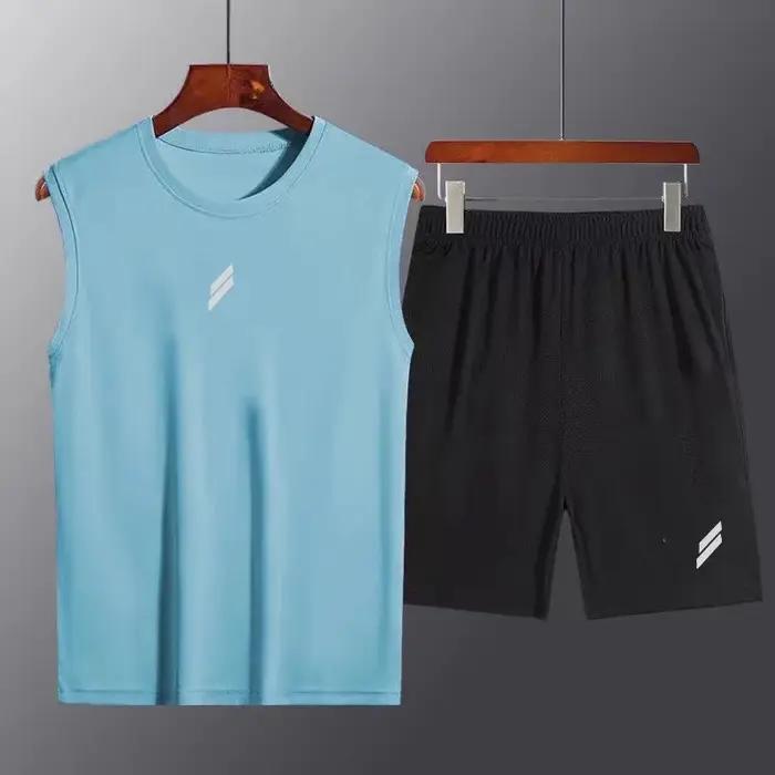 NOUVEAU Sport hommes été mince séchage rapide gilet + short homme ensemble fitness course costume de