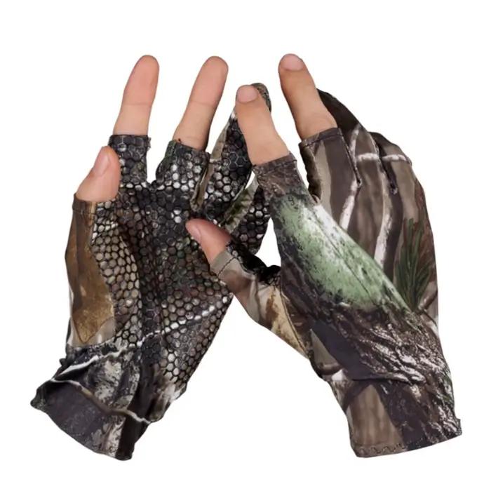 Gants de pêche camouflage mi-mains 3 doigts anti-dérapants fins pour chasse et vélo - Coupe élastique