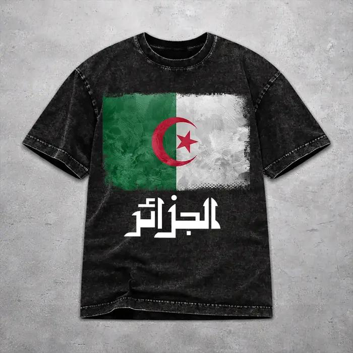 T-shirt DZ Algérie avec drapeau algérien, style délavé, pour hommes et femmes, 100% coton