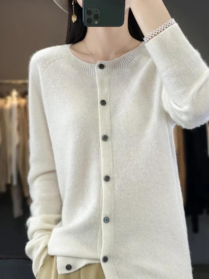 Cardigans en laine mérinos pour femmes, pull en cachemire, col rond, manches longues, tricot, vêteme