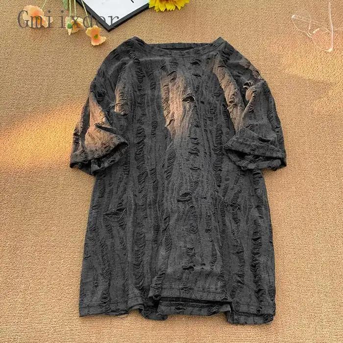 T-shirt à manches courtes pour hommes, trou creux de niche, hip-hop de rue, manches trois-quarts, couple américain Chimadt, haut tendance urbain