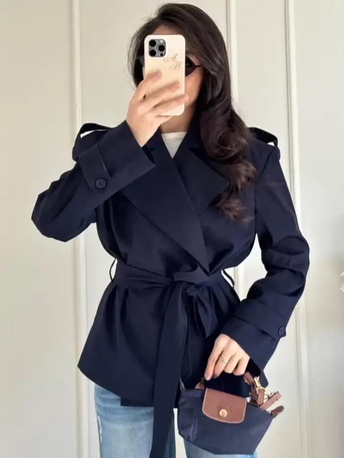 Dame couleur unie à lacets veste élégant Chic à manches longues revers bouton manteau ample automne