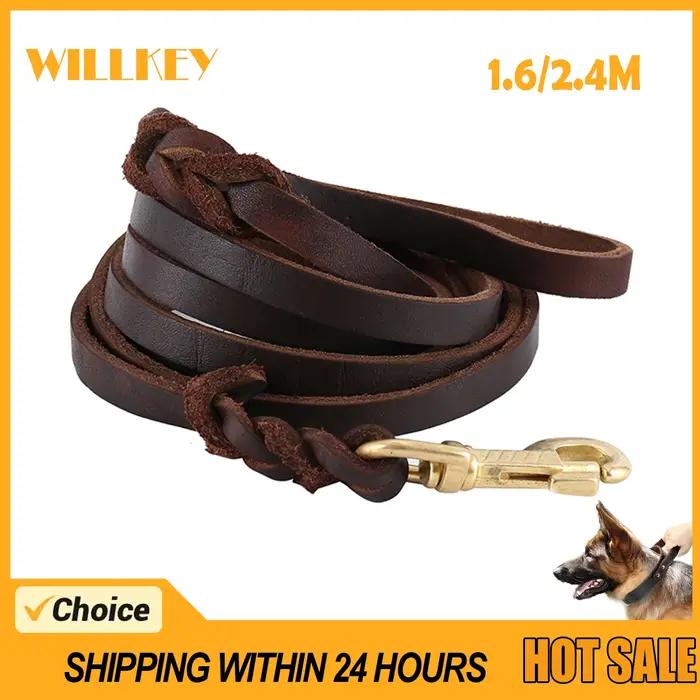Laisse longue tressée en cuir véritable pour chiens