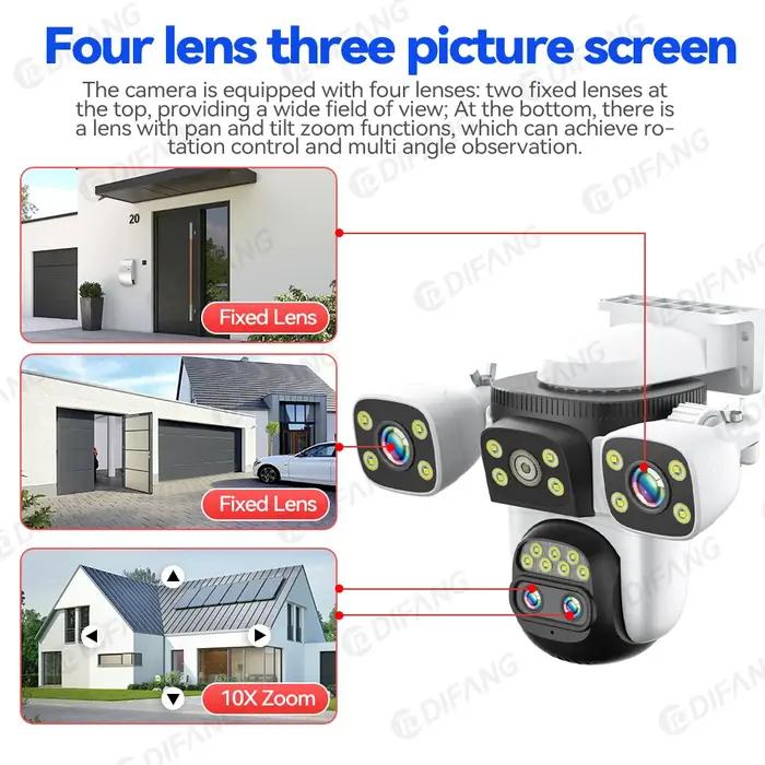 Caméra Sécurité Extérieure WiFi6 20MP Zoom Optique 10X 4 Lentilles 3 Écrans Tracking Auto 6K Double Objectif Étanche