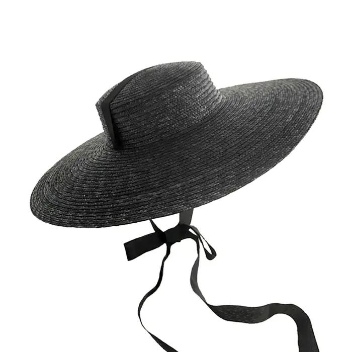 Chapeau de paille de soleil à large bord et plat, à la mode, avec Long ruban, pour femmes, vacances,