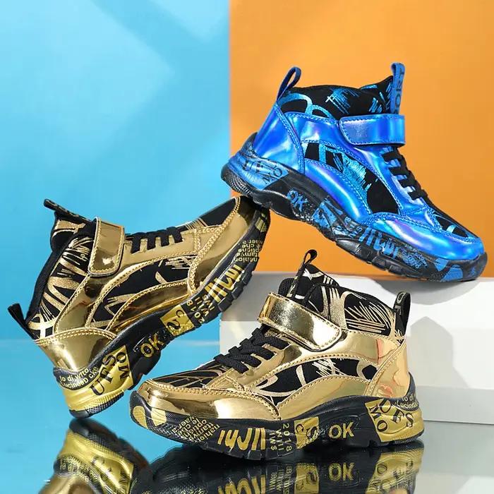 Nouveaux enfants espadrilles décontractées mode doré enfants chaussures basket-ball en cuir baskets