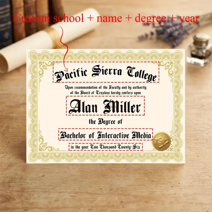6 cartes de diplôme personnalisées, nom, établissement scolaire, diplôme et année personnalisés, faux diplôme de remise de diplôme, pour accessoire photo de fête ou carte postale