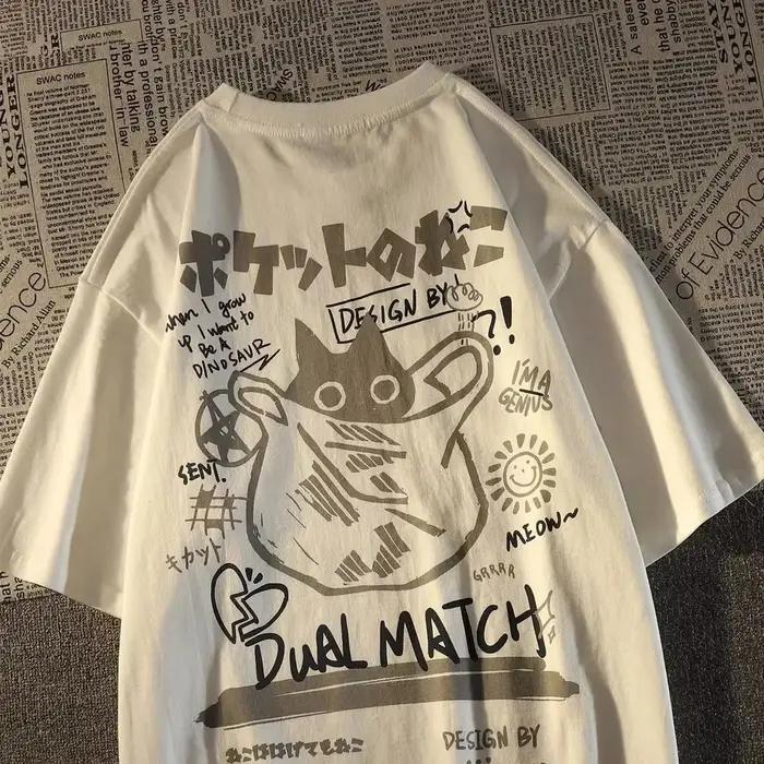 Été japonais rétro poche chat dessin animé imprimé à manches courtes T-shirt hommes femmes Couples u