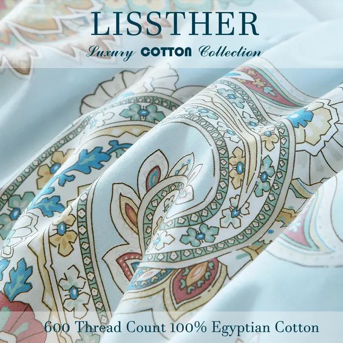 Ensemble de housses de sport en coton égyptien 600 TC 100%, sans noyau, motif floral de jardin bleu