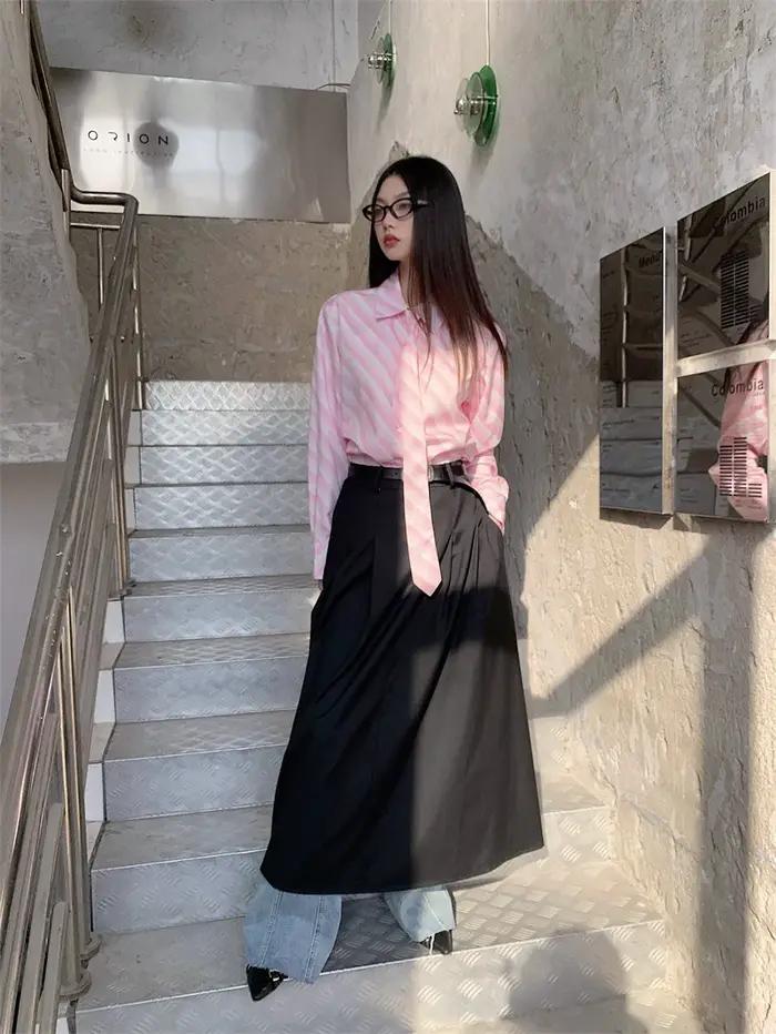 CHEERART Rose Rayé Chemise Avec Cravate Bureau Tenues Femmes T-shirt À Manches Longues Et Chemisier