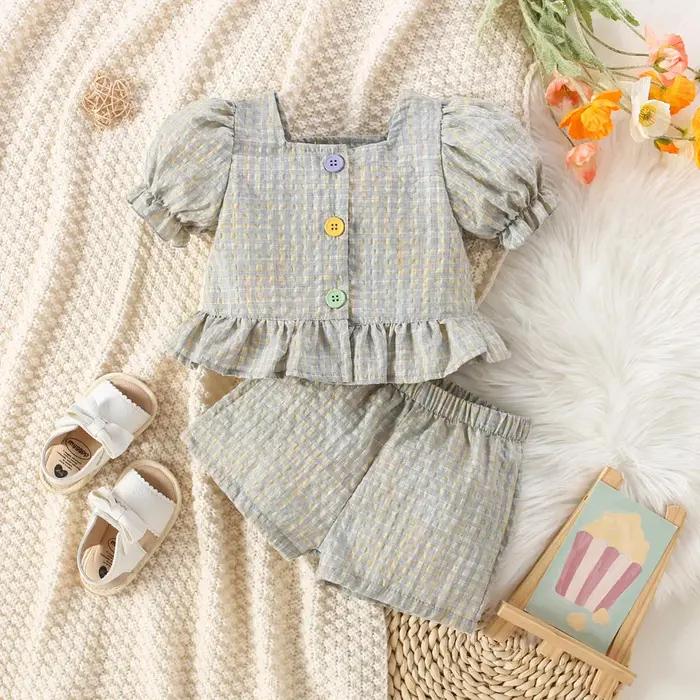 (0-3 ans) été bébé fille coton couleur Plaid bulle manches haut et short ensemble mignon princesse S