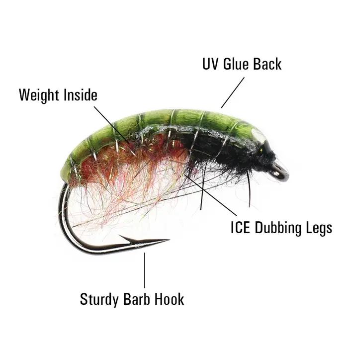 ICERIO 6 pièces UV vert dos nymphe Scud Bug ver mouches avec crochet barbelé pêche à la truite mouch