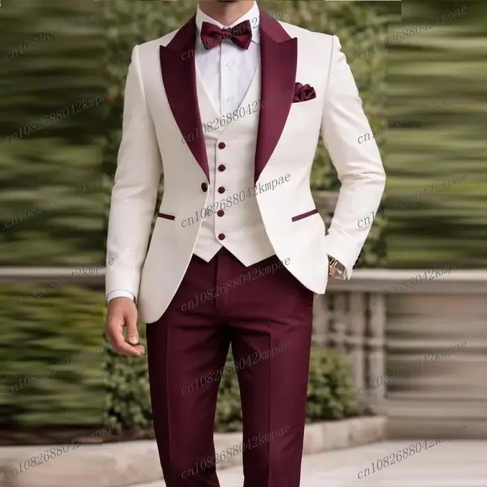 Nouveau costume formel blanc et bordeaux pour homme