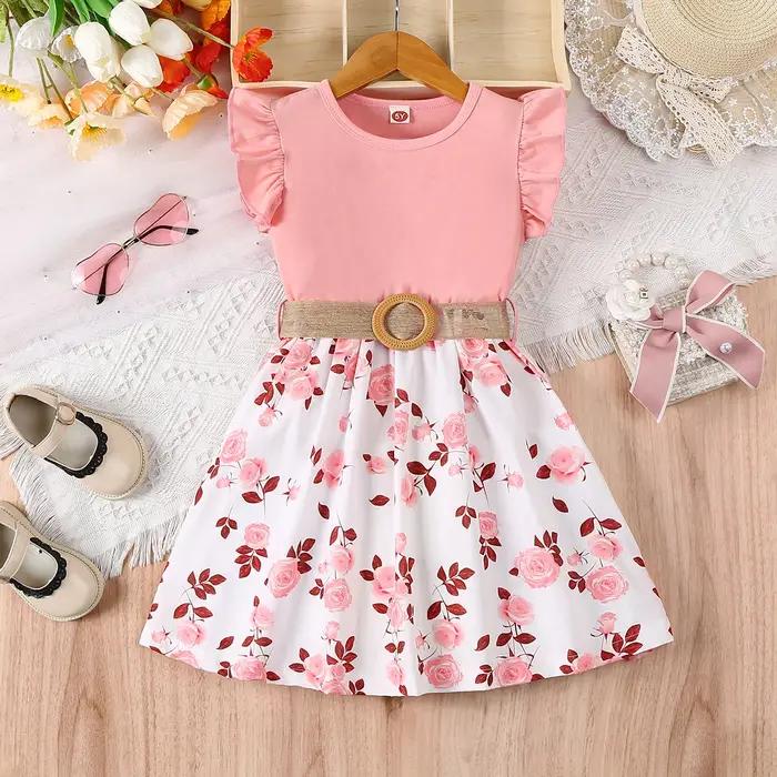 Robe décontractée à imprimé floral romantique pour fille, avec bords à volants et petites manches vo