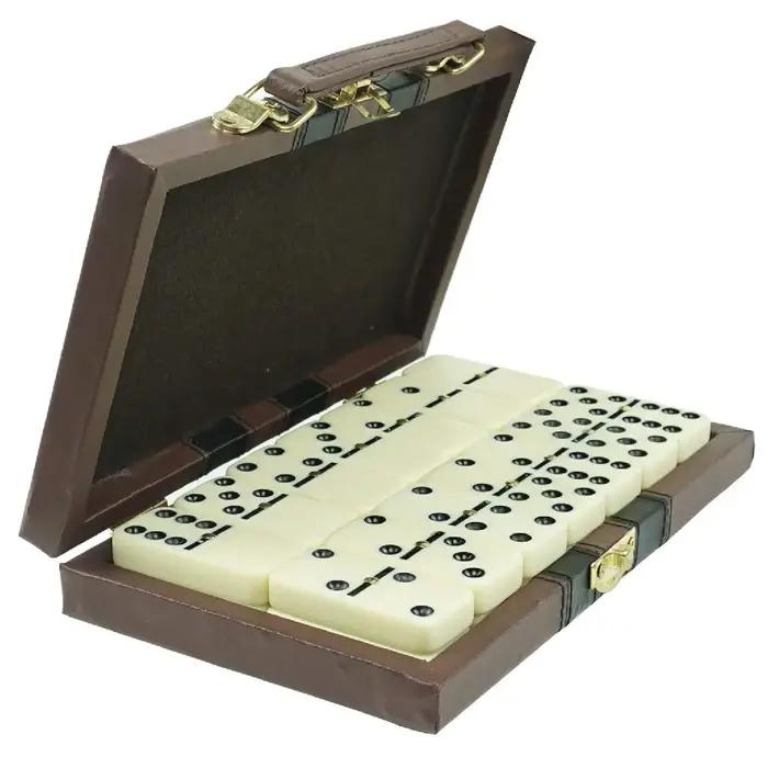 Grandes dominos double six couleur ivoire dans un coffret en cuir, dominos avec clous - Cadeau de ca