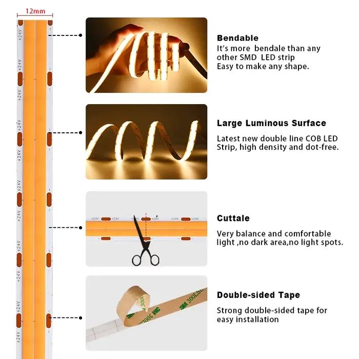 Bande LED COB Double rangée 10000lm Super lumineuse 600 LED s/m bande LED Flexible à intensité varia